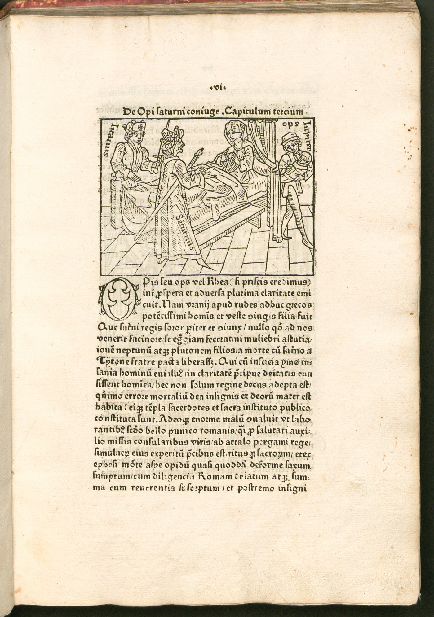 Woodcut of Ops with historiated initial