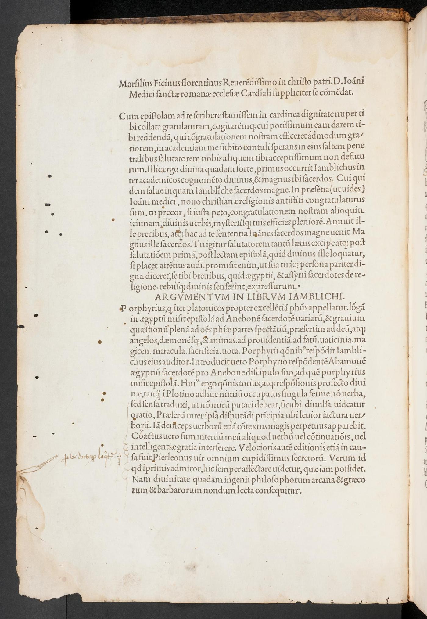Ficino's dedicatory epistle to Giovanni de' Medici