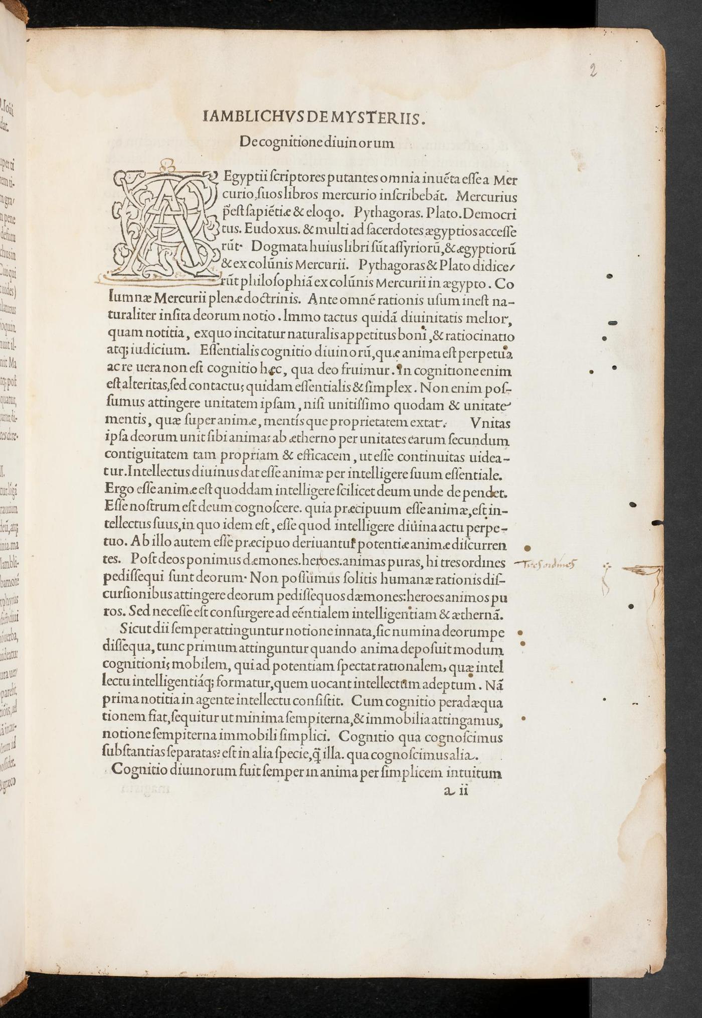 Incipit of Iamblichus De mysteriis with woodcut initial