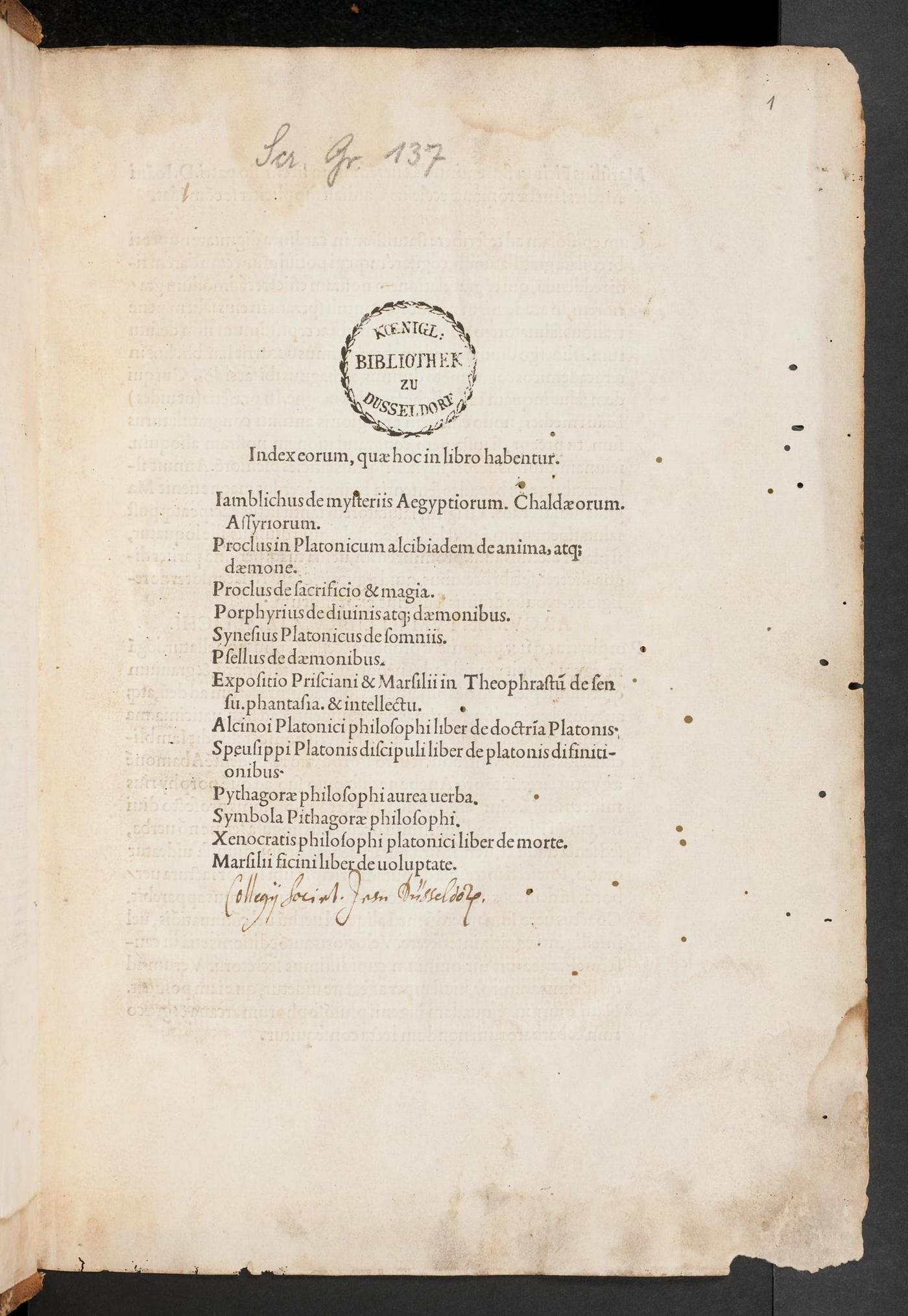 Index leaf listing the contents