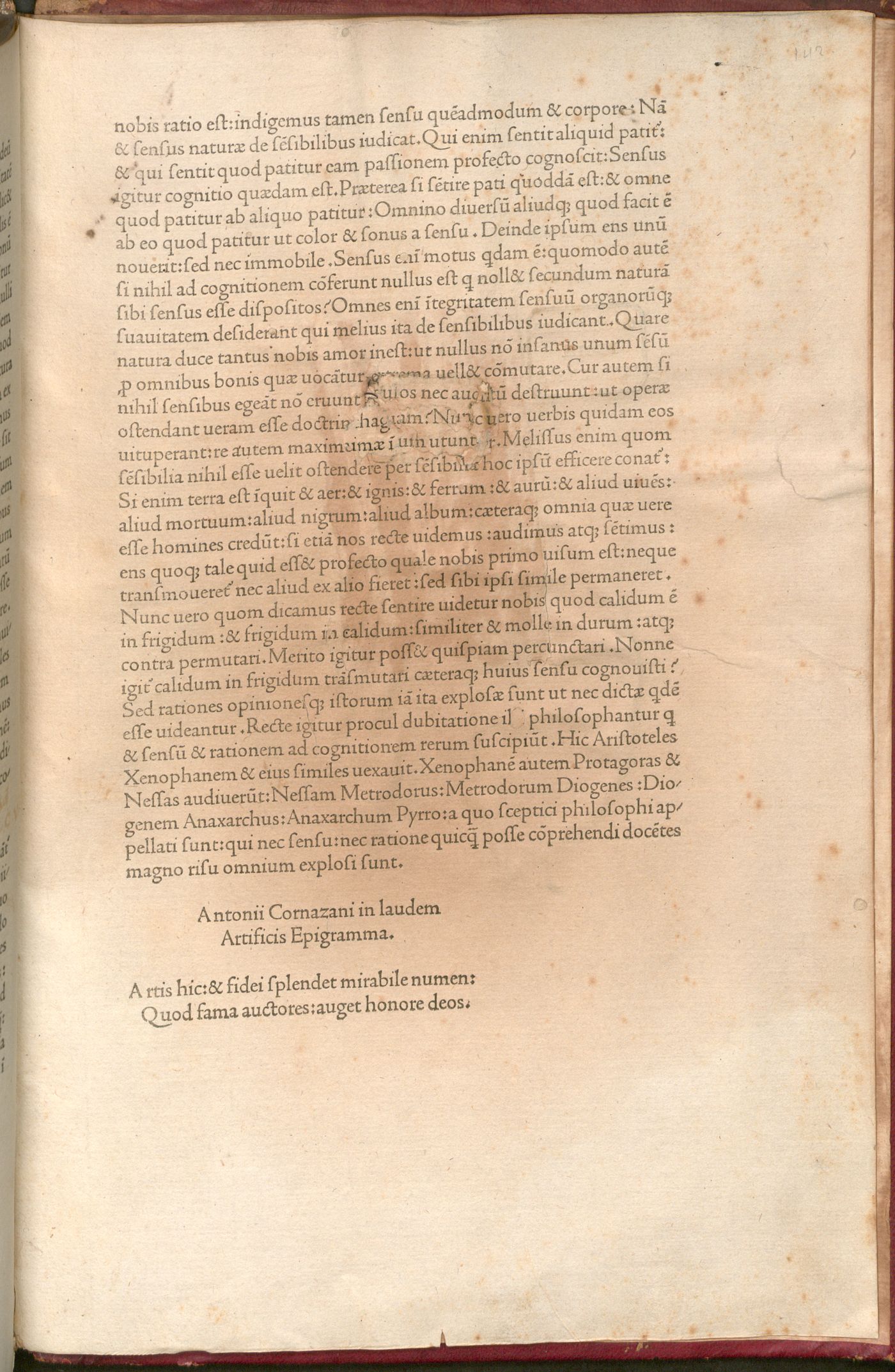 Final page with Antonio Cornazzano's epigram