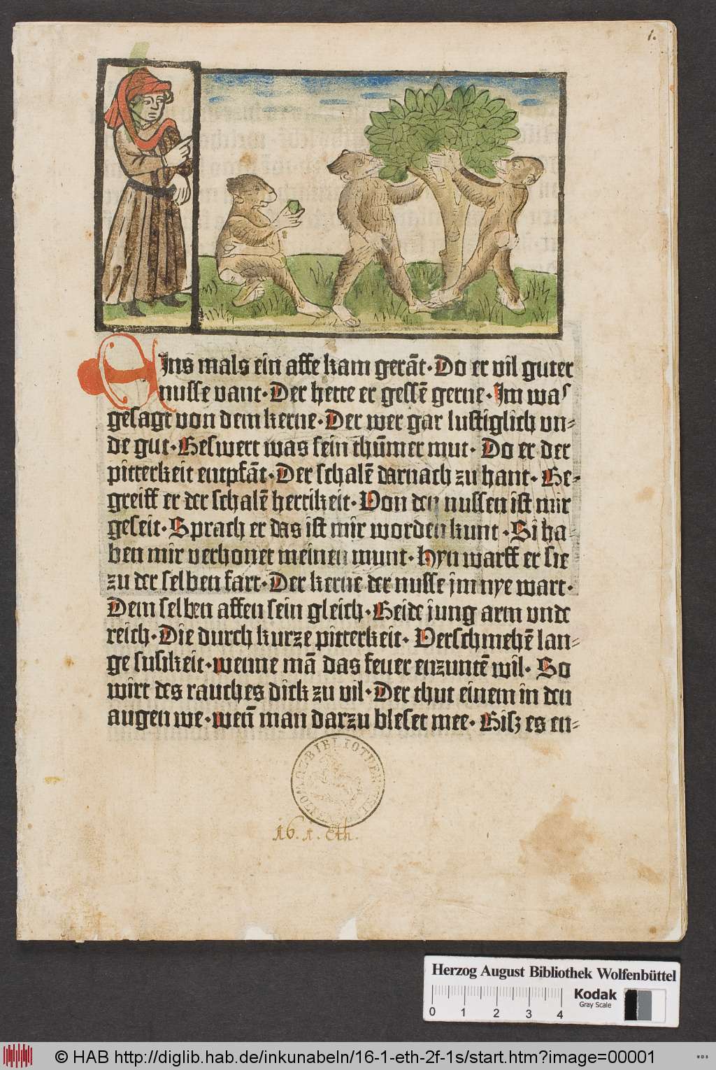 Opening leaf with the ape-and-nut fable