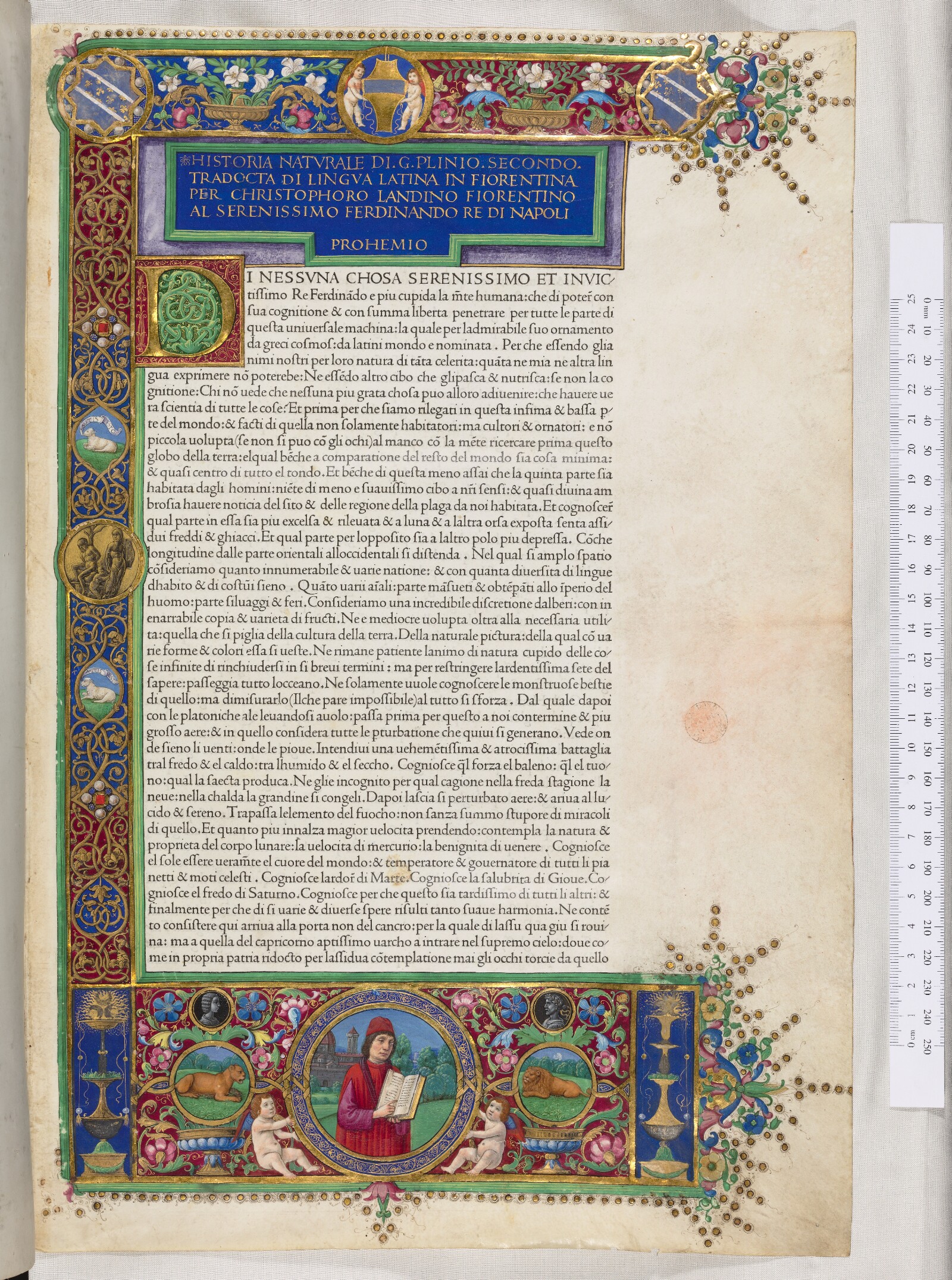 Illuminated opening folio dedicated to Ferdinand I of Naples