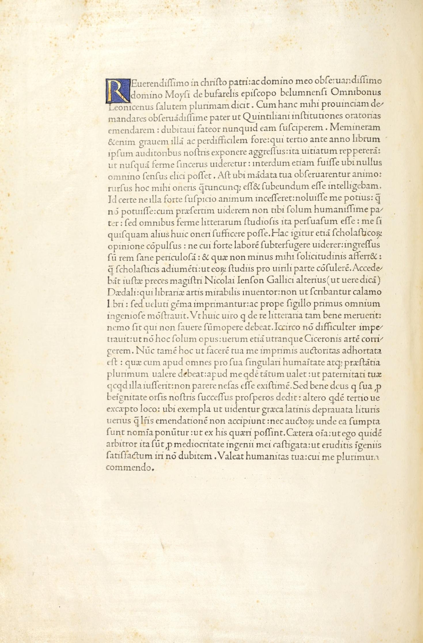 Dedicatory epistle in Jenson's roman type