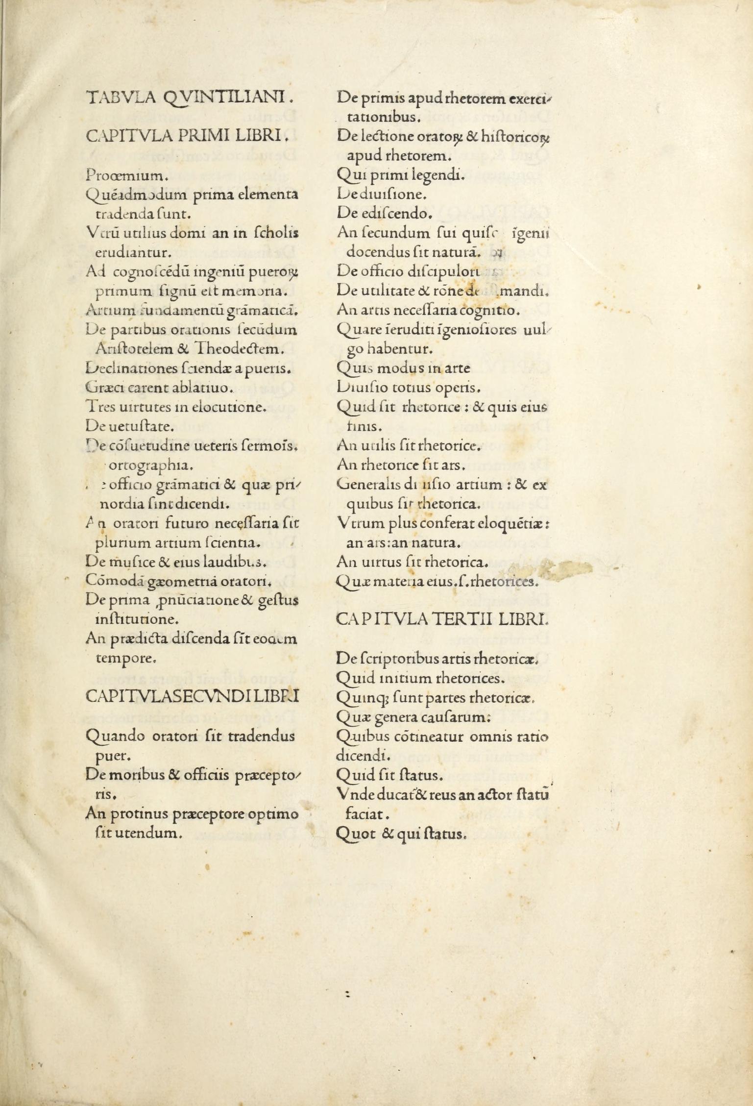 Tabula of chapters in two columns of roman type