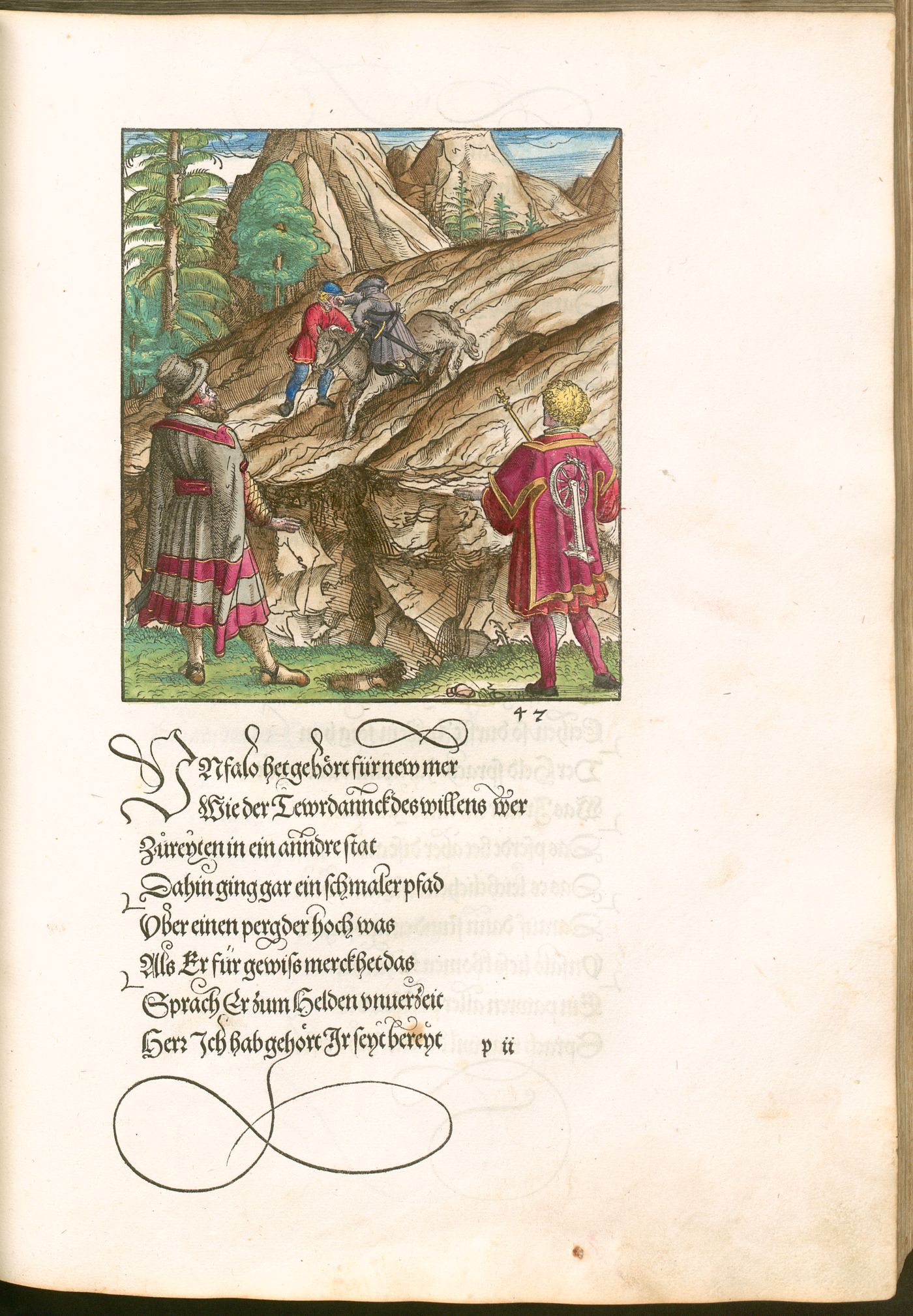 Hand-coloured woodcut of a mountain-pass episode